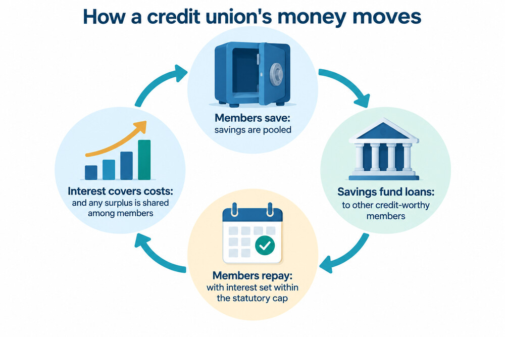 How a credit union works: members save, savings fund loans to other members, and interest on loans pays for running costs