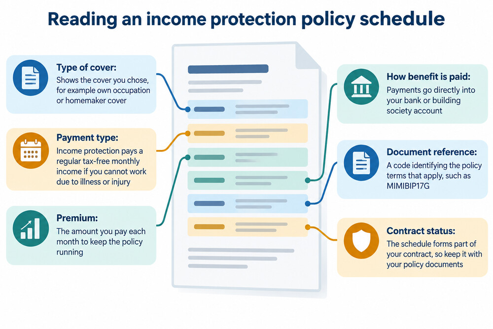 A sample LV= income protection policy schedule showing the cover type, premium and policy dates