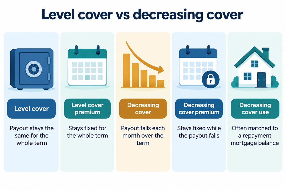 A diagram comparing level term life cover, where the payout stays flat, with decreasing term cover, where the payout steps down each month