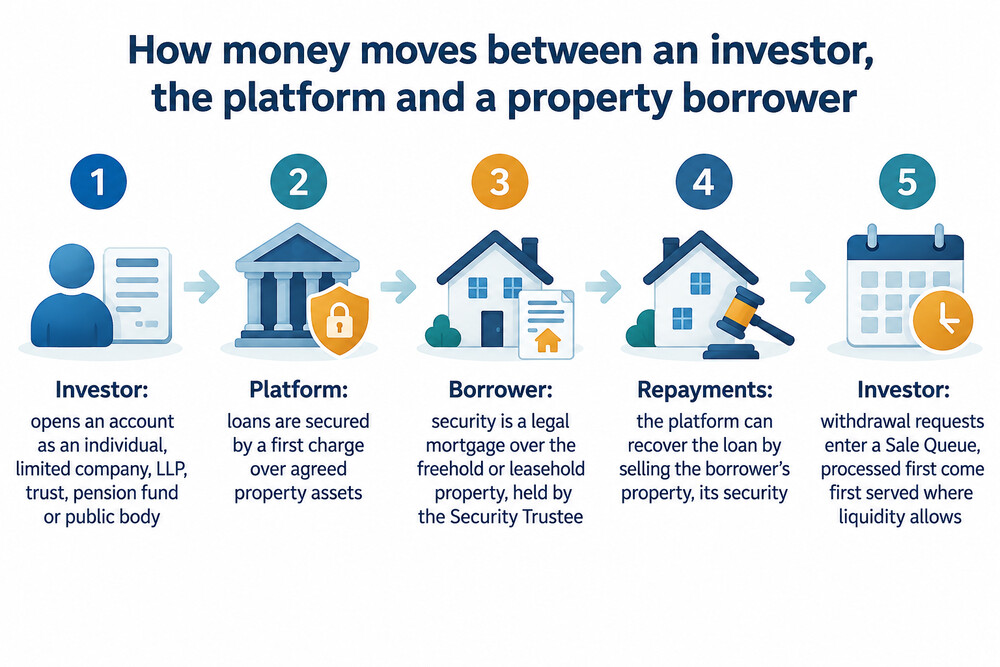 A simple diagram showing money moving from an investor through Loanpad to a property borrower, and back again