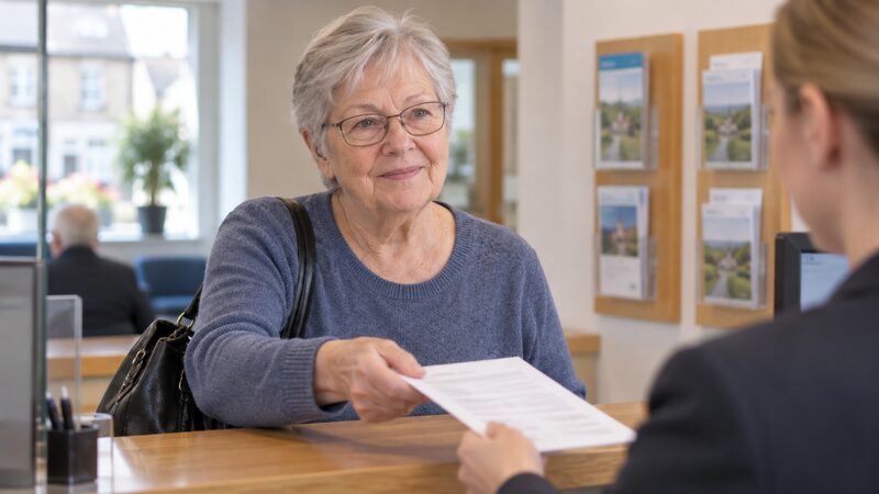 A customer being served at the counter of a small building society branch