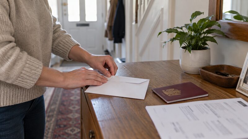 A printed savings account application form with identity documents and a cheque