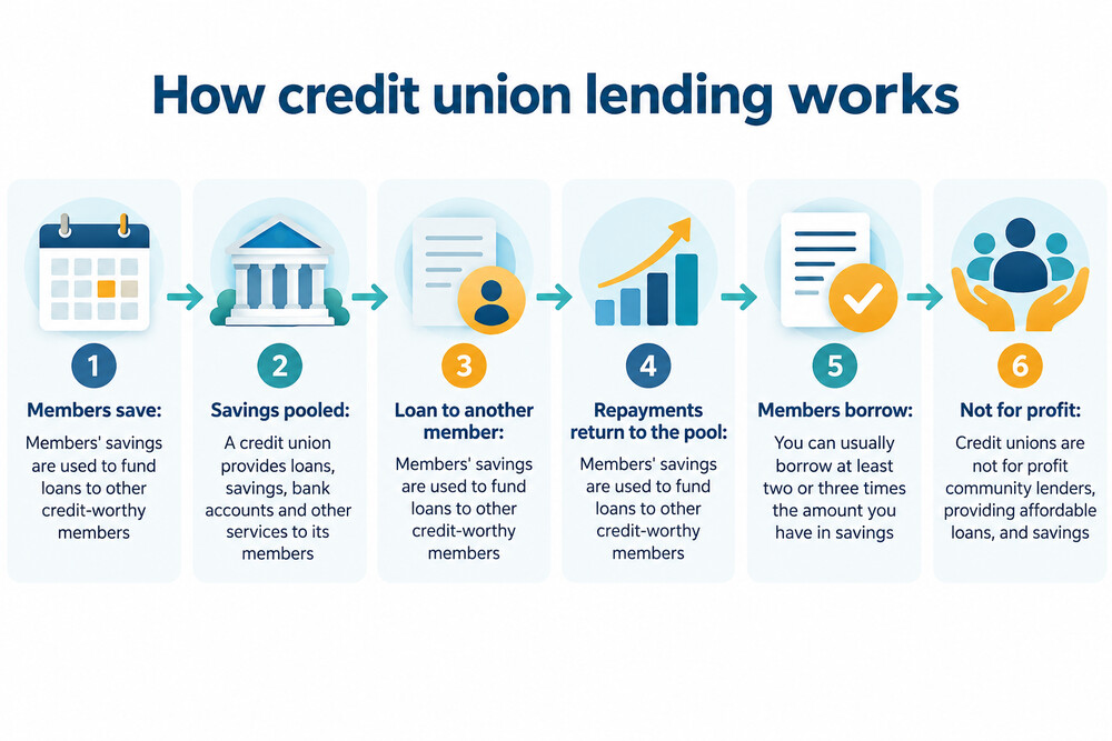 A member's savings account funding a loan to another member, showing how credit union lending works