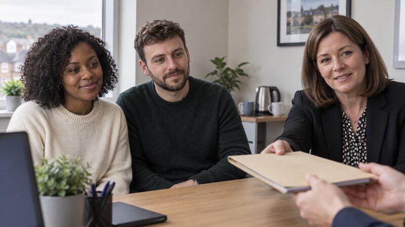 A mortgage broker discussing an application with a client, illustrating that Mansfield mortgages are arranged through intermediaries