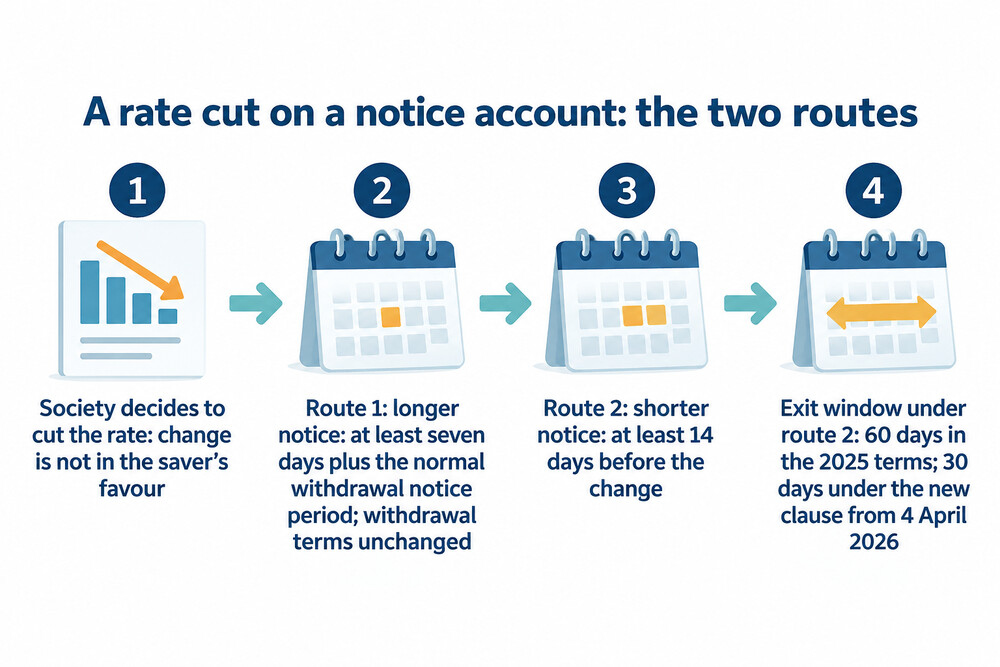 How the society notifies a saver about a rate cut on a notice account