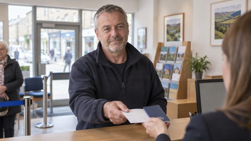 A building society branch counter with a member of staff helping a customer with a savings account