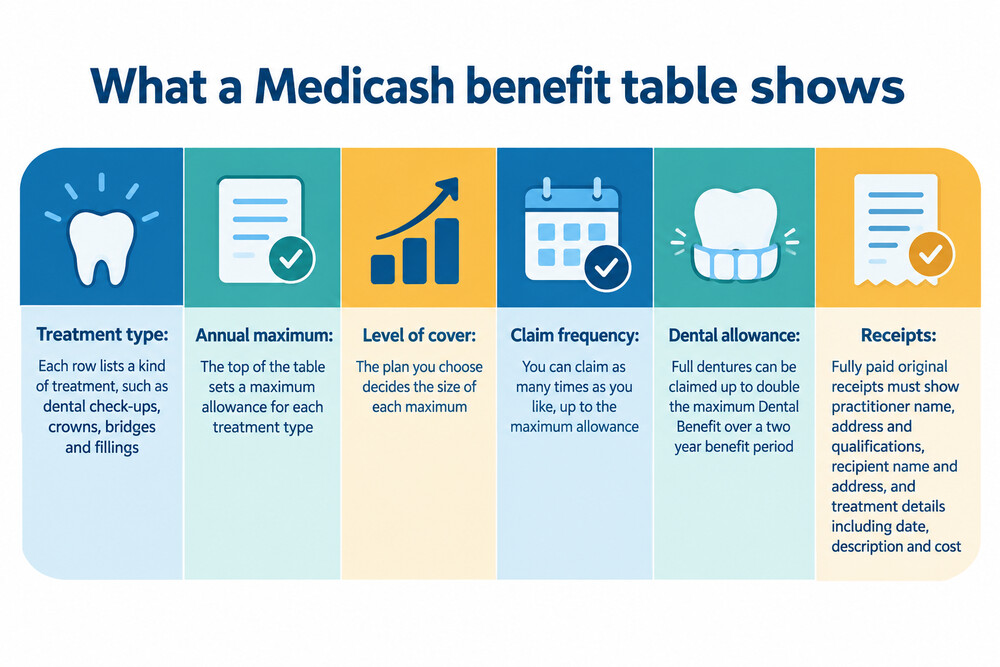 A benefit table showing treatment types down one side and annual maximums across the top