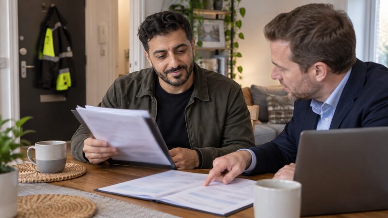 A mortgage adviser meeting a couple at a desk to talk through their mortgage options