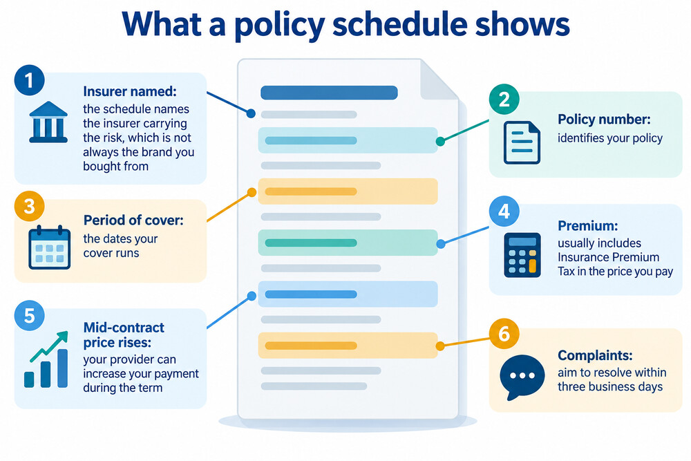 A policy schedule document showing the insurer's name, the policy number and the period of cover