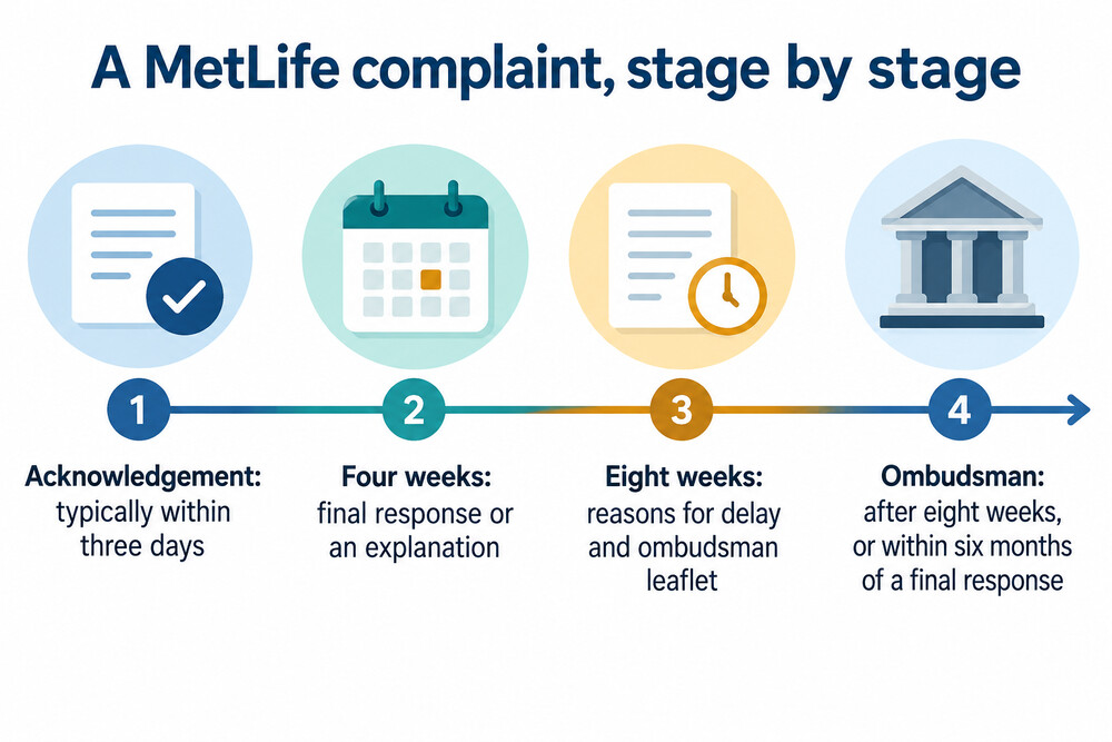 The stages of a MetLife complaint, from acknowledgement to the point the Financial Ombudsman Service can be used