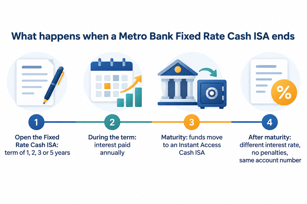 A timeline showing a Metro Bank Fixed Rate Cash ISA running to its end date and then moving into an Instant Access Cash ISA