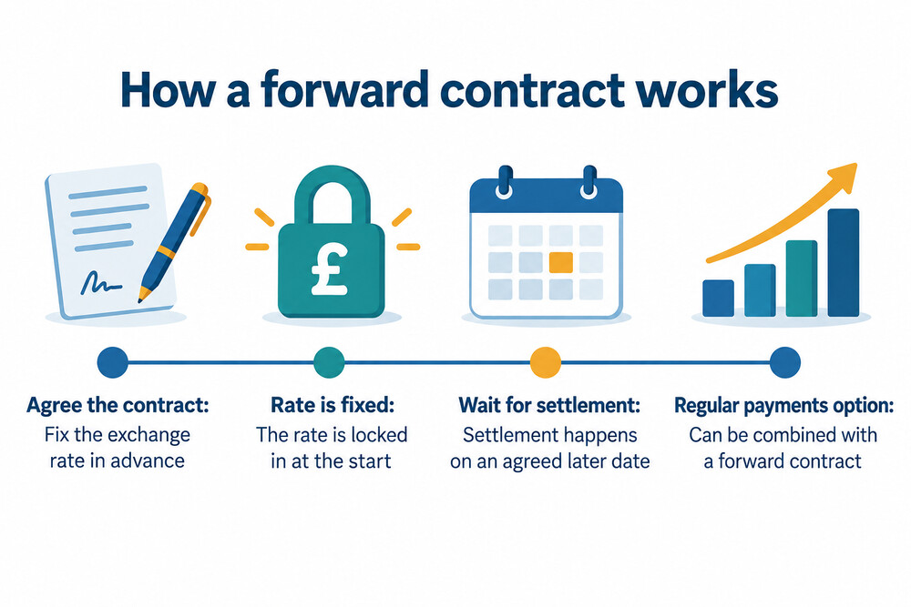 A timeline showing a forward contract from agreement to settlement, with the rate fixed at the start