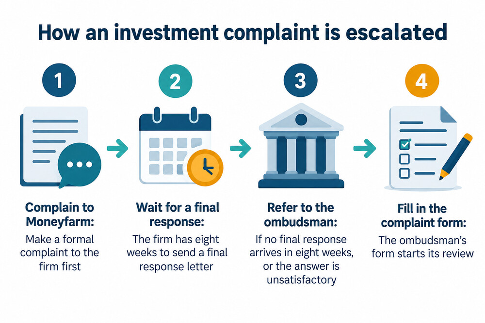 Diagram of the complaint route from Moneyfarm to the Financial Ombudsman Service