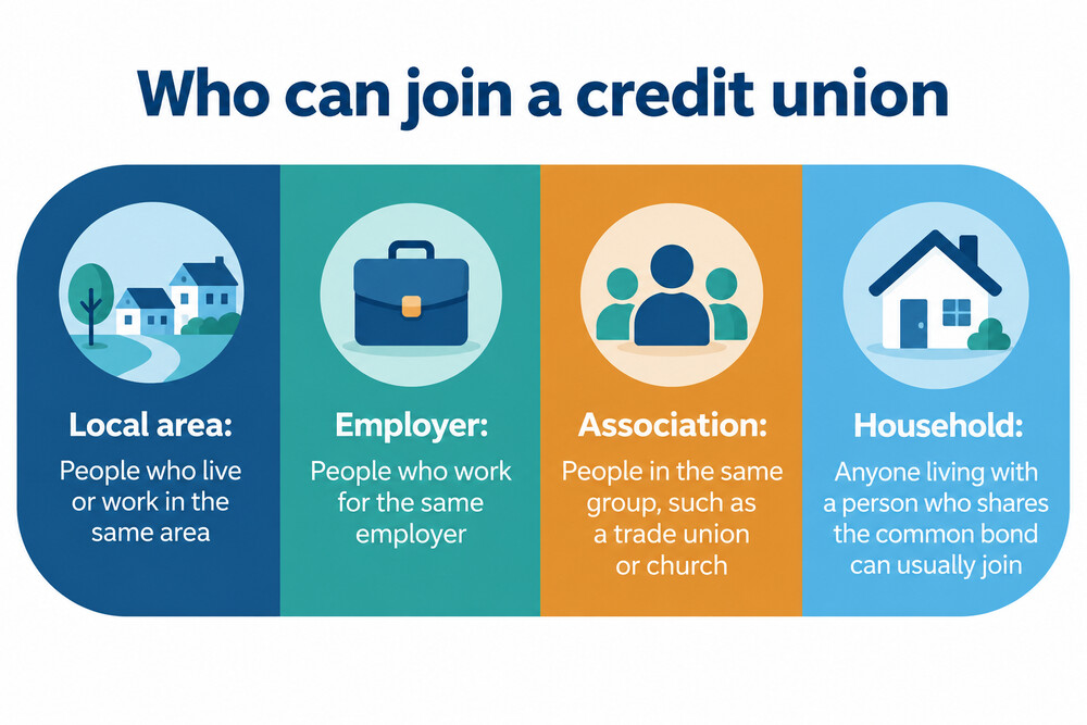 A map-style illustration showing the three types of common bond that link credit union members: living in the same area, working for the same employer, and belonging to the same association
