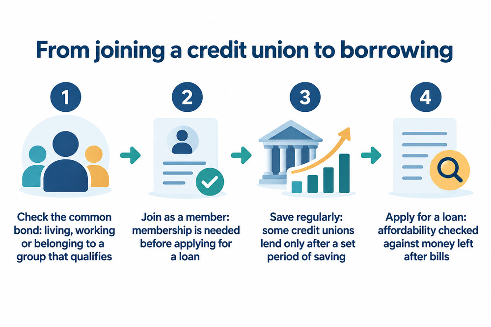 A diagram showing the path from joining a credit union to saving and then applying for a loan