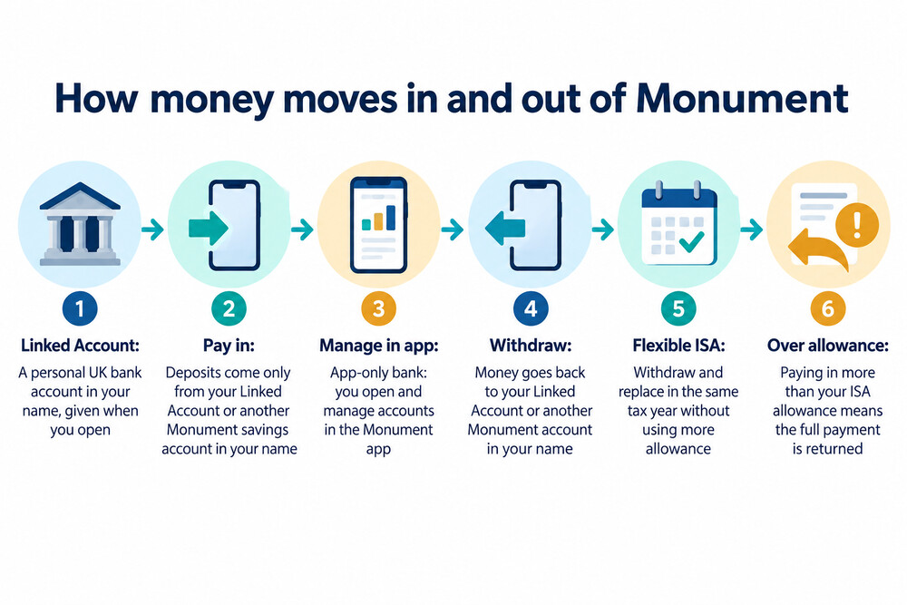 A diagram showing a personal UK bank account on the left connected by two arrows, one for deposits going in and one for withdrawals coming out, to a Monument savings account on the right