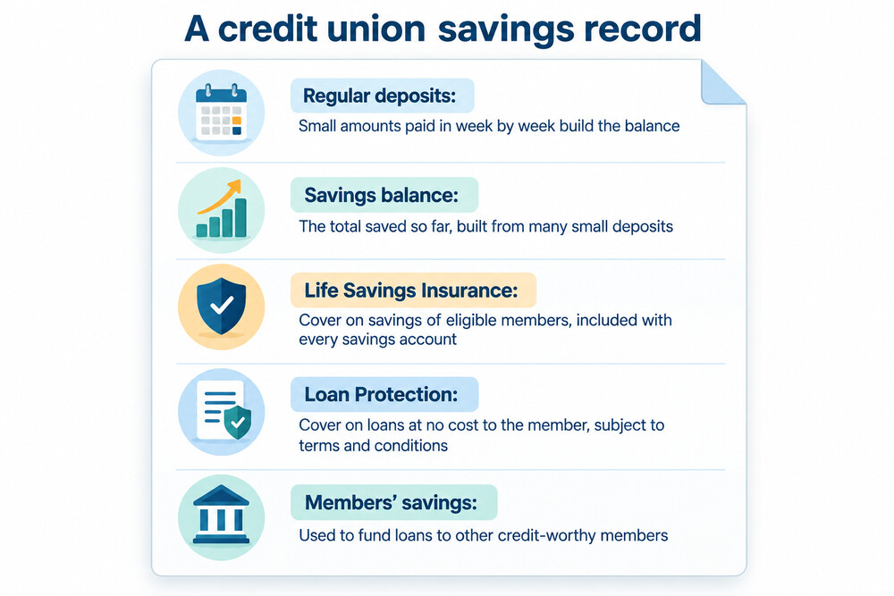 A member's passbook or savings statement showing weekly deposits building towards a savings balance