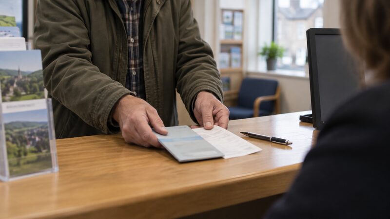 A credit union passbook and paying-in slip on a counter