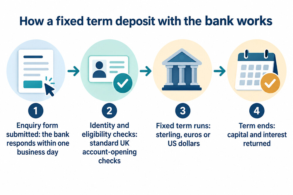 A diagram showing how a fixed term deposit moves from enquiry to maturity