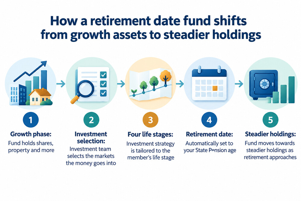 A chart showing how a retirement date fund shifts from growth assets to steadier holdings across four life stages