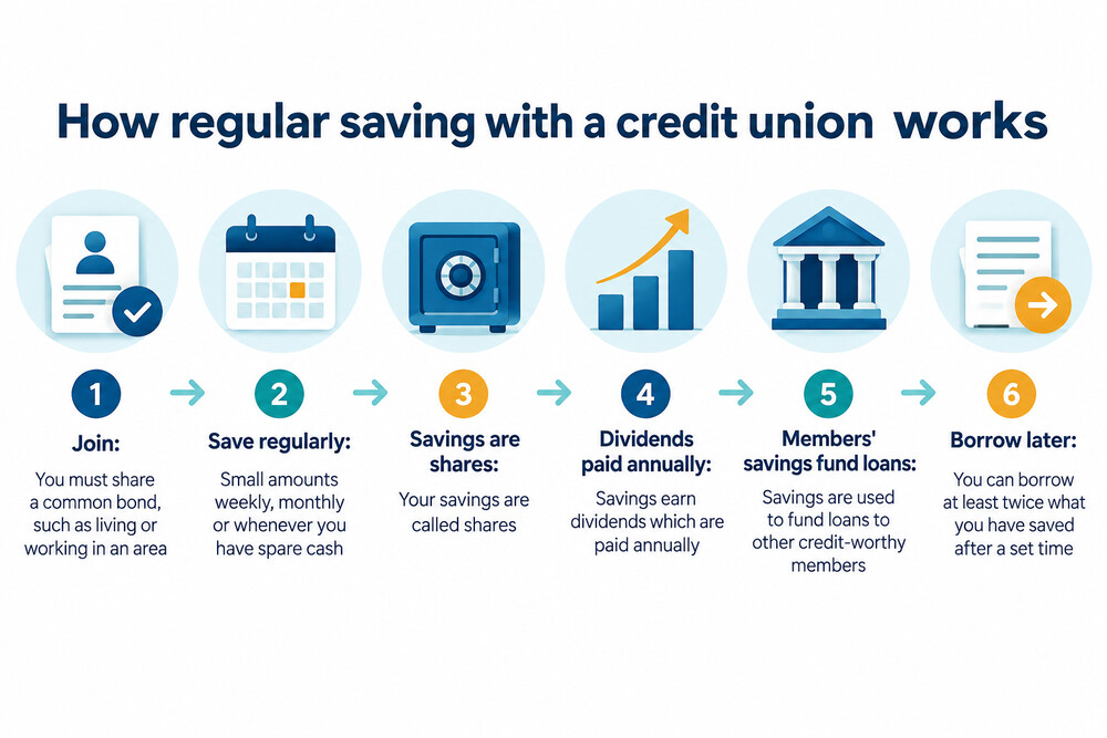 A credit union passbook and a savings statement showing regular small deposits