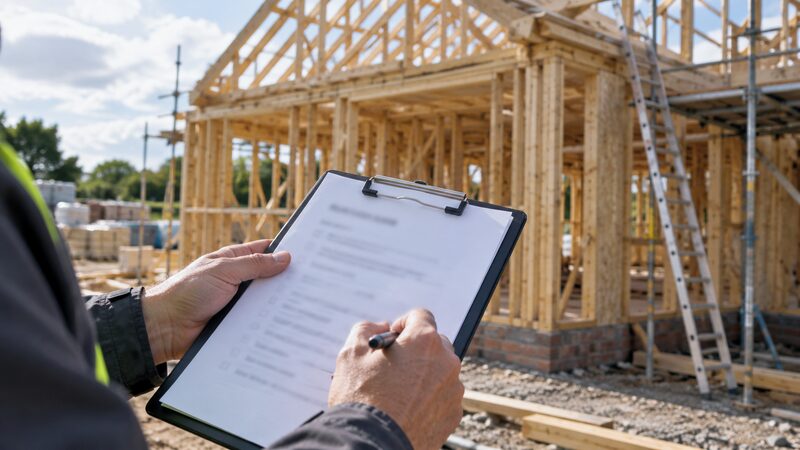 A new-build home being inspected at the frame stage, with a clipboard and checklist in the foreground