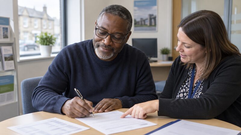 A member completing a loan application form with a credit union staff member