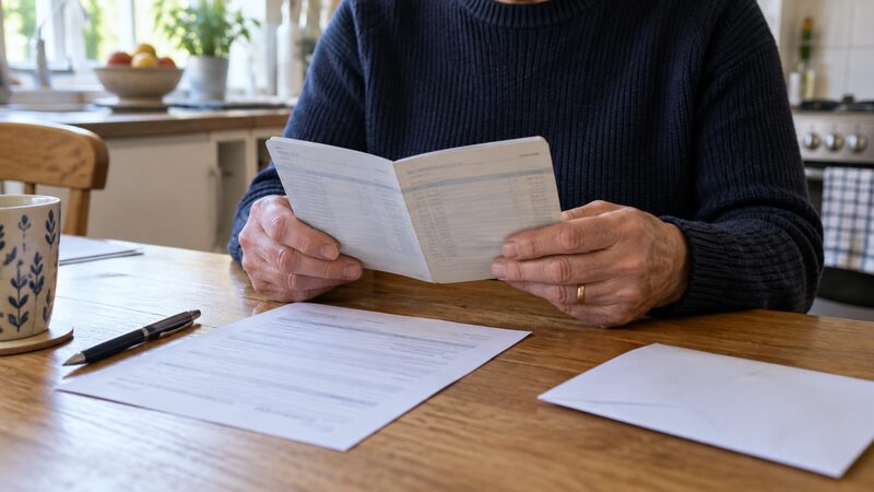 A savings passbook and a standing order form on a kitchen table