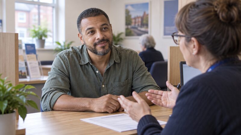 A member filling in a credit union loan application form with a adviser