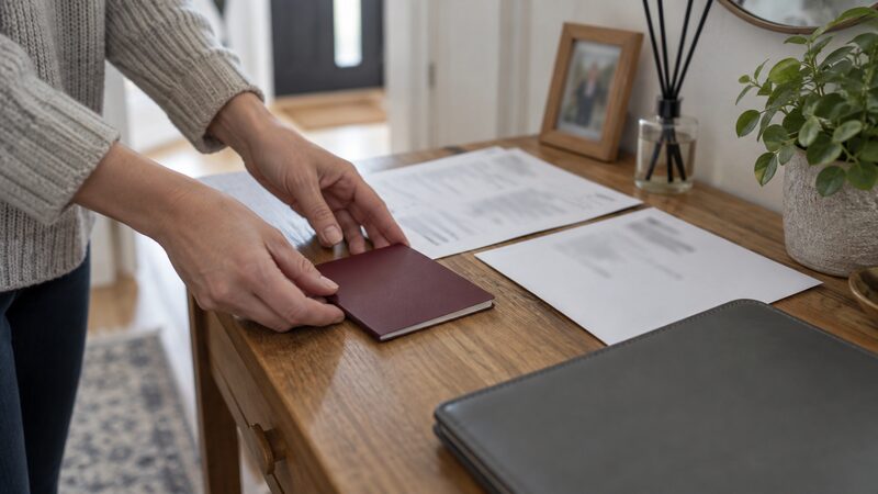 Proof of identity documents such as a passport and a utility bill laid out for an account application