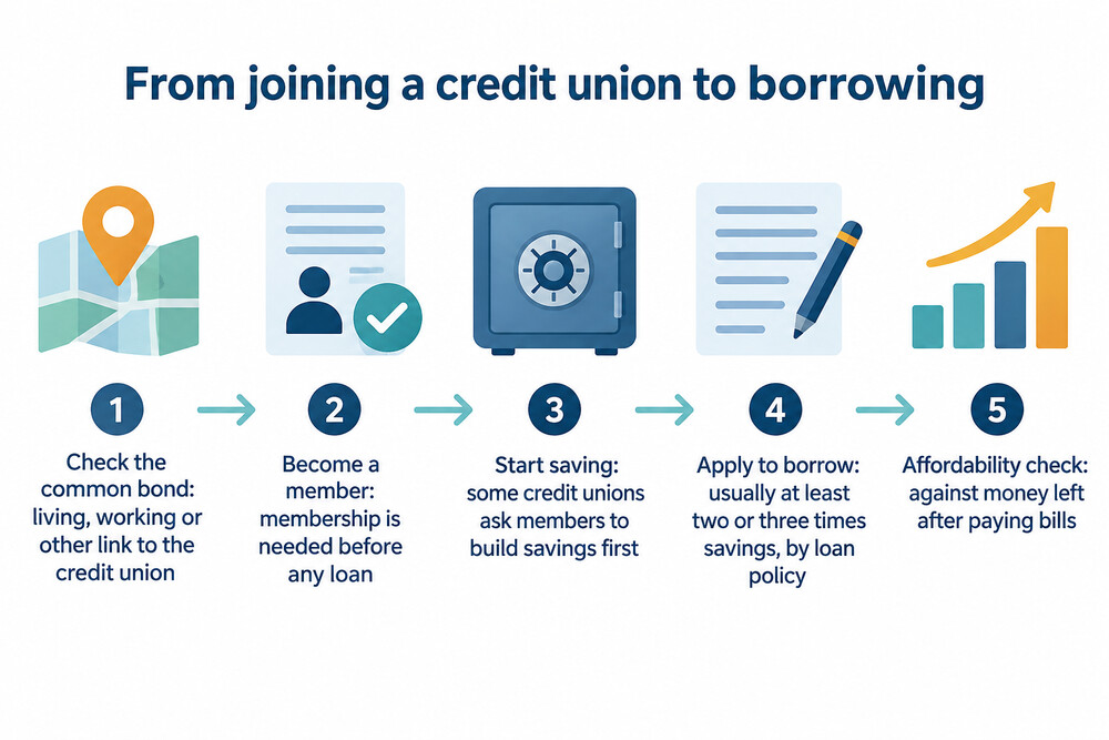A flow diagram showing the steps from checking eligibility to borrowing from a credit union