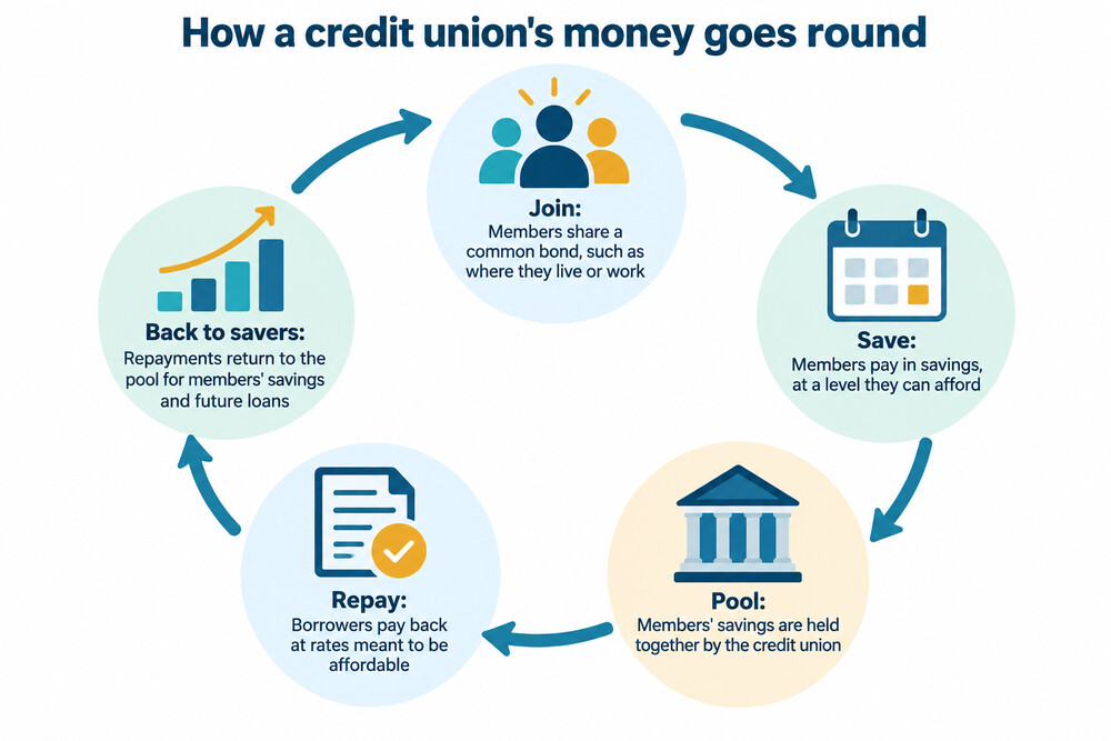 A community credit union branch counter with a member paying in savings