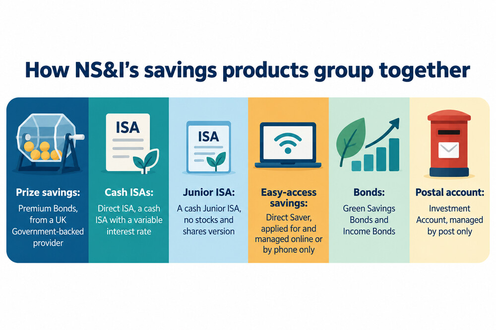 The range of NS&amp;I savings products shown side by side, from Premium Bonds to ISAs and savings bonds