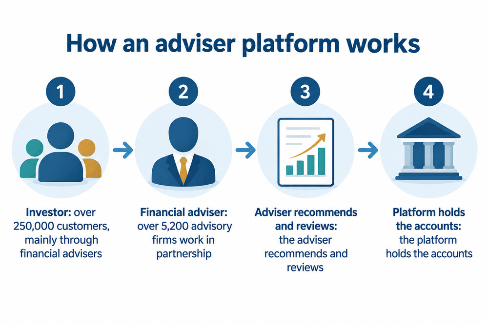 A simple diagram of an adviser platform, showing the investor, the financial adviser and the platform holding the pension and investment accounts