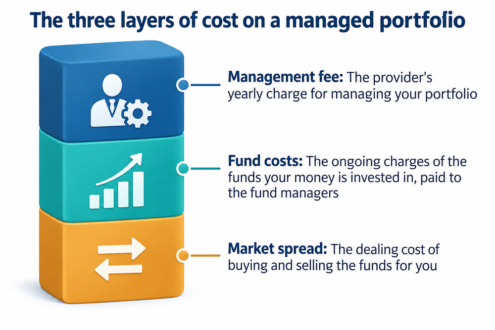 A stacked diagram showing the layers of cost in an investment portfolio: management fee, fund charges, trading costs and market spread