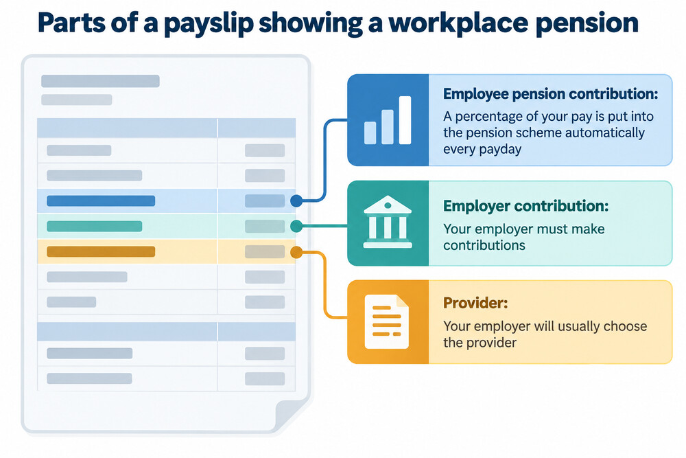 A payslip showing a pension deduction line and an employer contribution line
