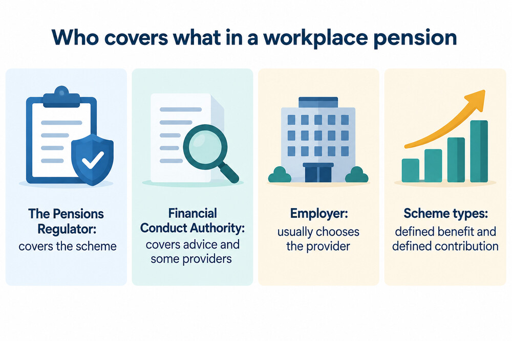 A diagram showing the two regulators and which part of a workplace pension each covers