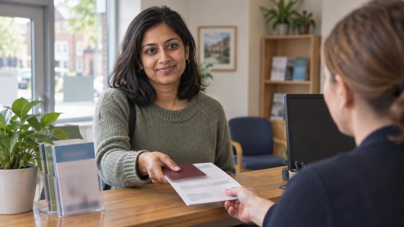 A person handing over a passport and a utility bill at a credit union counter