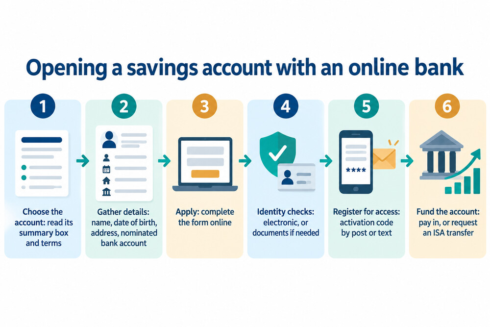 A diagram showing the steps from choosing a savings account to funding it