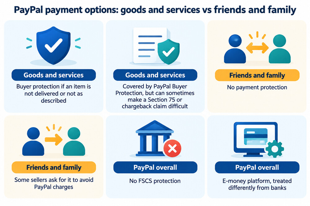 A phone screen showing a PayPal payment being sent, with the goods and services option selected