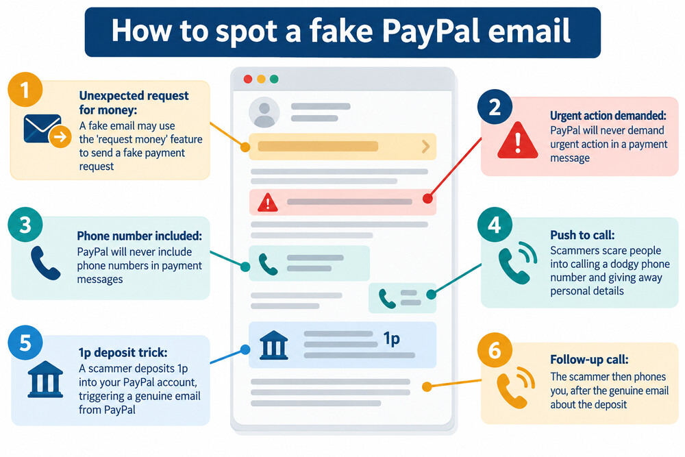 A screenshot of a fake PayPal email asking the recipient to call a phone number