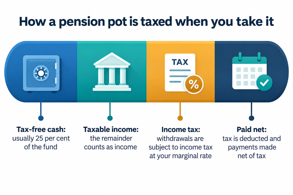 A simple diagram of a pension pot splitting into tax-free cash and taxable income