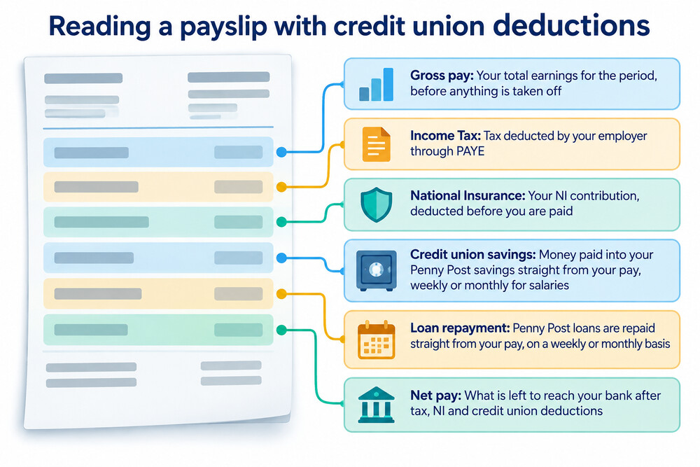 A payslip showing a credit union saving deduction alongside tax and other deductions