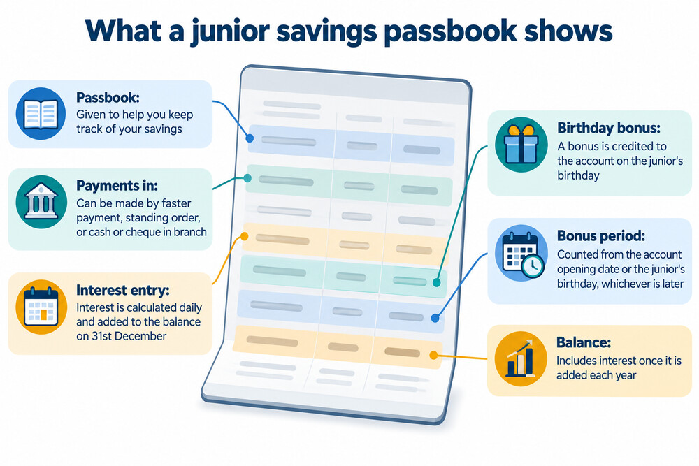 A child's savings passbook for a Penrith Building Society Junior Saver Account, held open at a page showing the account balance