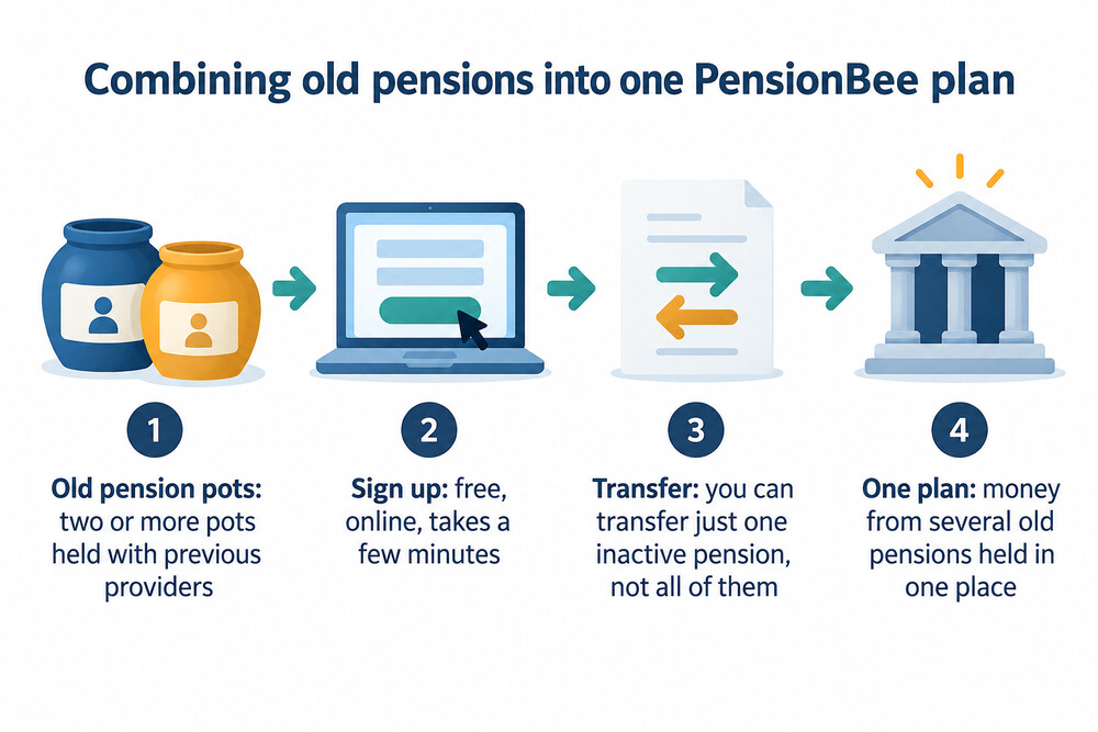 A simple diagram showing two pension pots being combined into one online plan