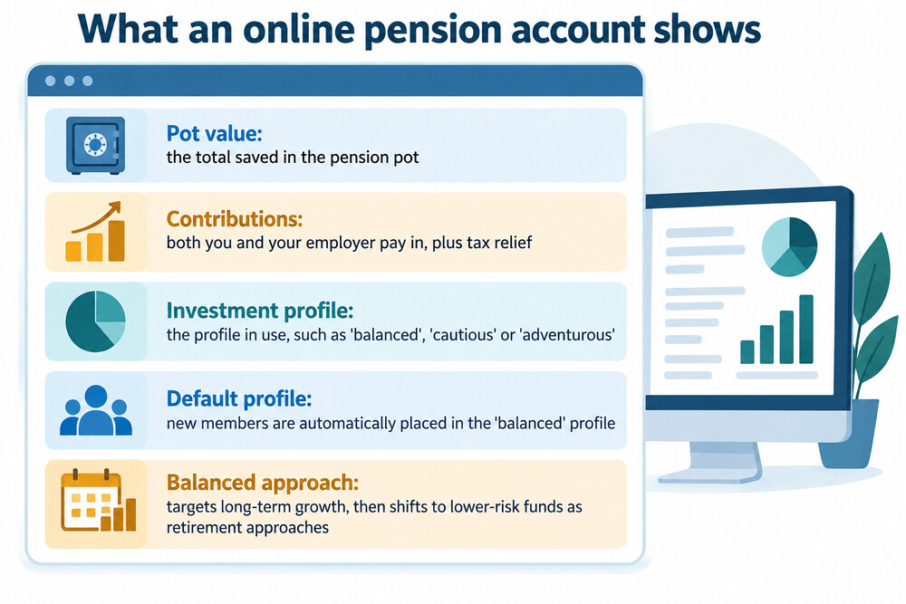 A screenshot-style view of an online pension account showing the pot value, contributions and investment profile