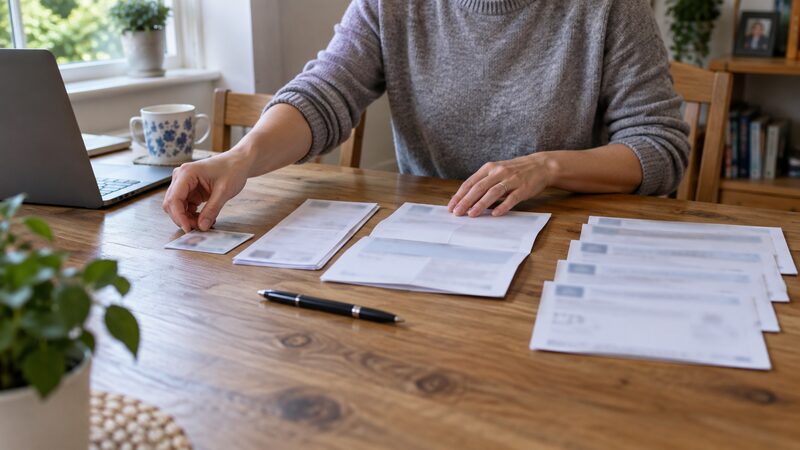 A mortgage applicant's paperwork laid out on a desk: passport, payslips and bank statements