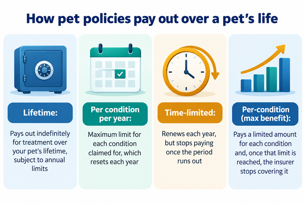 A side-by-side comparison of how lifetime, time-limited and per-condition pet policies pay out over a pet's life
