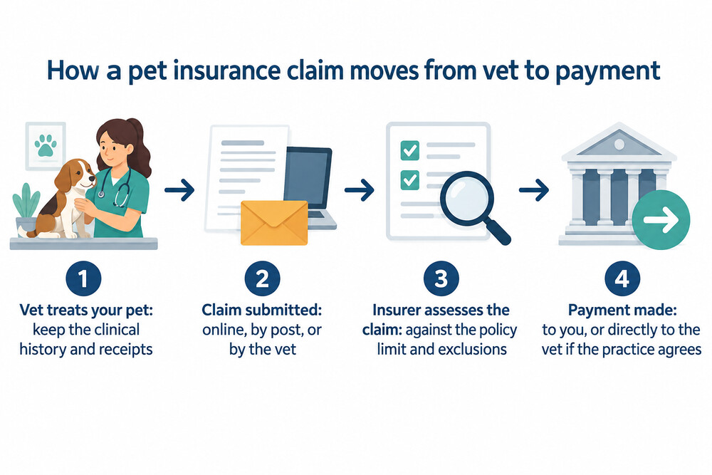 A simple flow showing a pet insurance claim moving from vet visit to payment