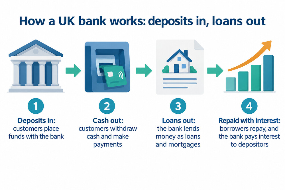 A branch counter showing a customer making a deposit while a teller processes a loan application